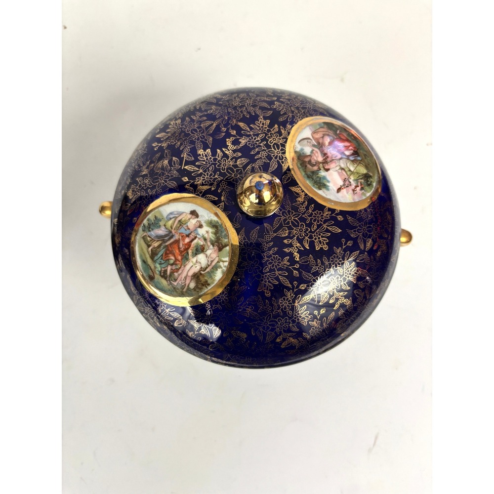 Vintage Cobalt‎ Blue Footed Covered Candy Dish Pair Gold Floral Japan - Picture 7 of 16